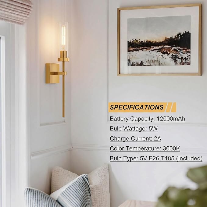 Wireless Wall Sconces with Remote Control, Brushed Gold Battery Operated Wall Sconce Set of 2, Dimmable Rechargeable Wall Decor Lights for Living room Dining room Bathroom Bedroom Hallway Stairwell