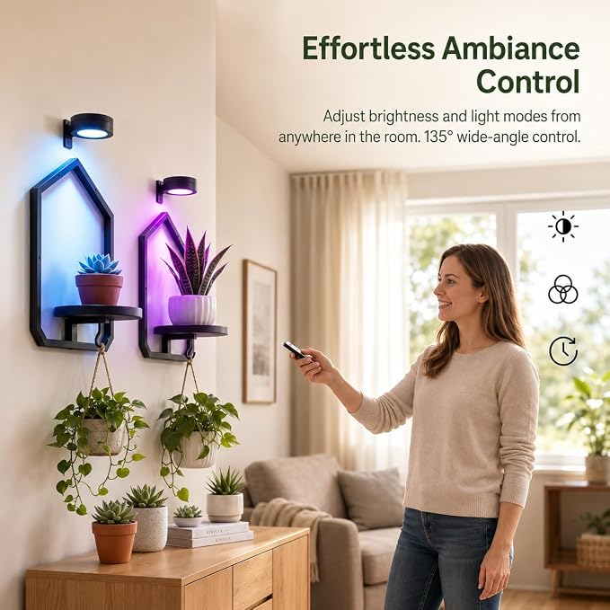 2 Pack Wall Mounted Plant Shelf with Grow Light, Hanging Plant Shelf | Floating Plant Wall Shelf Decor with Wireless Rechargeable LED Plant Light & Remote Control for Bedroom Living Room Apartment