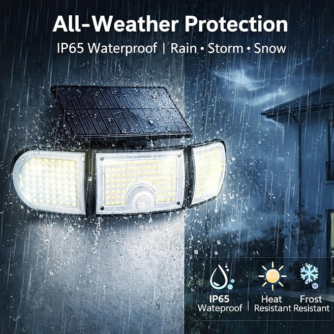 Solar Motion Sensor Lights Outdoor, 3000LM 3 Adjustable Heads Security Flood Light with Remote Control, IP65 Waterproof 270° Wide Angle Solar Wall Lights for Garage Yard Patio Driveway, 4 Pack