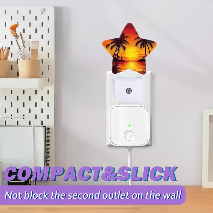Energy Efficient Nightlights Plug In Wall, Tropical Palm Tree Night Light for Kids Bedroom Decorative, Vintage Beach Sunset Dusk-To-Dawn Sensor Sleep Friendly Lamp for Nursery Bathroom Basement