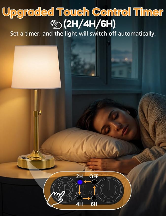 Height Adjustable Rechargeable Table Lamp with Timer, Dimmable Cordless LED Desk Lamp, 4000mAh Battery Operated Table Lamps, Gold Wireless Touch Nightstand Lamp for Kitchen Counter Coffee Table Office