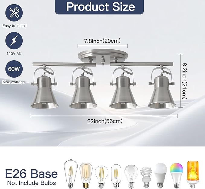 SEEBLEN 4-Light Track Lighting Fixtures Ceiling, Industrial Modern Kitchen Track Lighting, Nickel Directional Ceiling Light, for Kitchen Island, Dining Room, Living Room