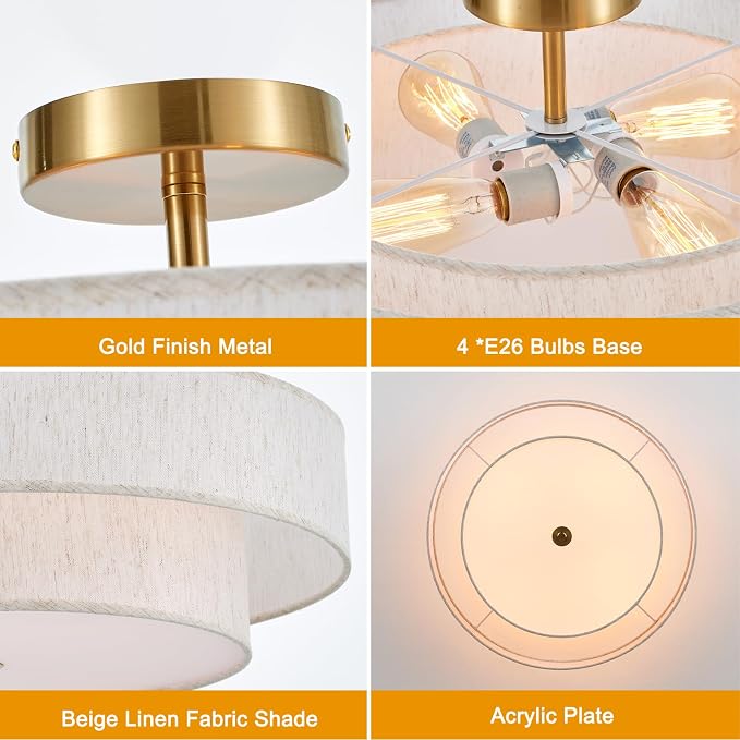 Modern Semi Flush Mount Ceiling Light 21.7" Modern Gold 4-Lights Drum Ceiling Lighting Fixture Vintage Linen Golden Ceiling Lamp for Laundry Room, Kitchen, Living Room, Dining Room, Bedroom