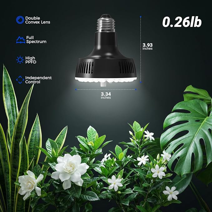 Barrina OG11A Grow Light Bulbs for Indoor Plant, 5000K 11W, 3 Packs, Black | Integrated Dimming & Timing, E26 Plant Light Bulb, Full Spectrum, High PPFD for Seeds and Greens