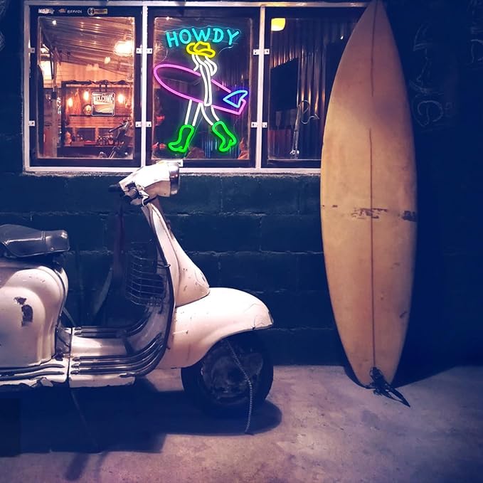 Surfer Neon Sign LED USB Howdy Cowboy Light Up Sign for Wall Decor Dimmable Lady Surfboard Neon Light for Seaside Sand Beach Surf Clubs Cowboy Room Decor(Multicolored)