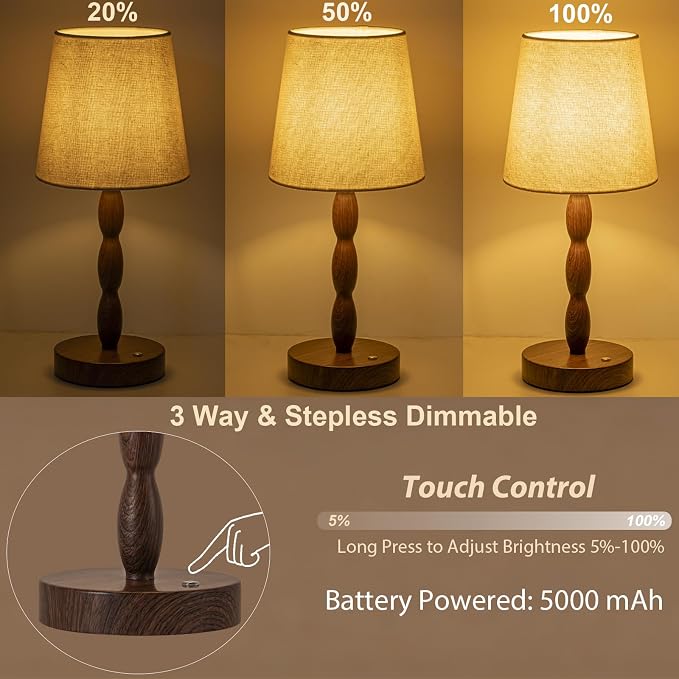 Rechargeable Cordless Table Lamp, 5000mAh Battery Powered Touch Desk Lamp, 3-Level & Stepless Dimmable Night Light, Portable Bedside Lamp for Bedroom, Outdoor, Bulb Included, Walnut Grain