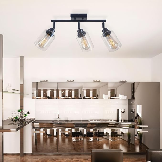 3-Light Matte Black Track Lighting Ceiling Mount for Kitchen | 350° adjustable track heads with clear glass shades, E26 ceiling mount for kitchen, bathroom and vanity lighting