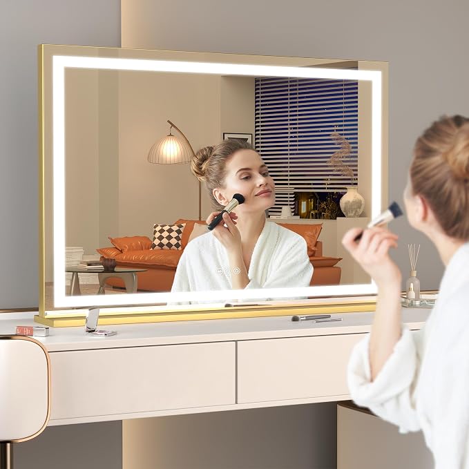Hasipu Vanity Mirror with Lights, 32" x 24" LED Makeup Mirror, Lighted Makeup Mirror with Dimmable 3 Modes, Touch Screen Control Vanity Mirror Square Gold