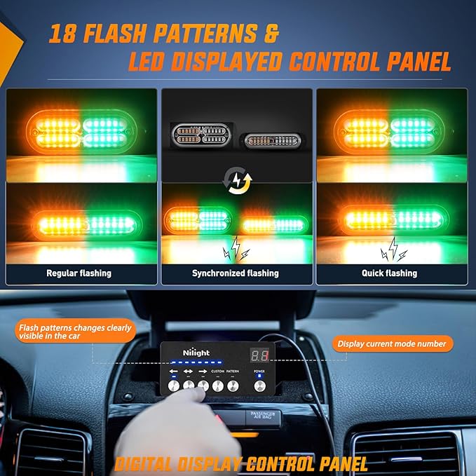 Nilight 8PCS Led Strobe Lights with Controller 12V 24V Sync Feature Amber Green Light 12 24 LED Surface Mount Emergency Hazard Warning for Vehicle Car Truck RV ATV