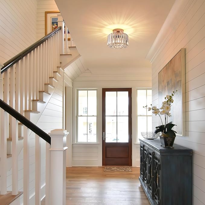 FRIDEKO HOME Crystal Ceiling Light - Small Crystal Chandelier Semi Flush Mount Ceiling Light Fixture Modern Lights for Hallway Bathroom Kitchen Entryway (9.05 Inch, Bulb not Included)