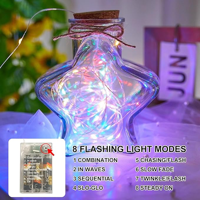 Multicolor Fairy Lights Battery Operated (Included), 8 Modes & Auto Timer, 16FT 50Led Mini Twinkle Silver Wire Firefly Starry Lights, Waterproof Battery Operated Lights for Mason Jars Wedding