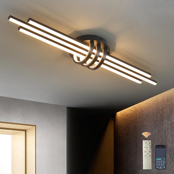 Garwarm 39In Modern Dimmable Linear LED Ceiling Light with Remote, Black | Low Profile Flush Mount Kitchen Ceiling Light, 3000K-6500K, 24W for Kitchen, Dining Room, Living Room, Bedroom, Hallway