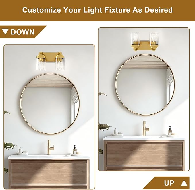 Brushed Gold Bathroom Light Fixtures, 2 Lights Bathroom Lighting Fixtures Over Mirror, Square Design & Rectangle Large Backplate, Modern Vanity Lighting Fixtures, for Living Room/Bedroom