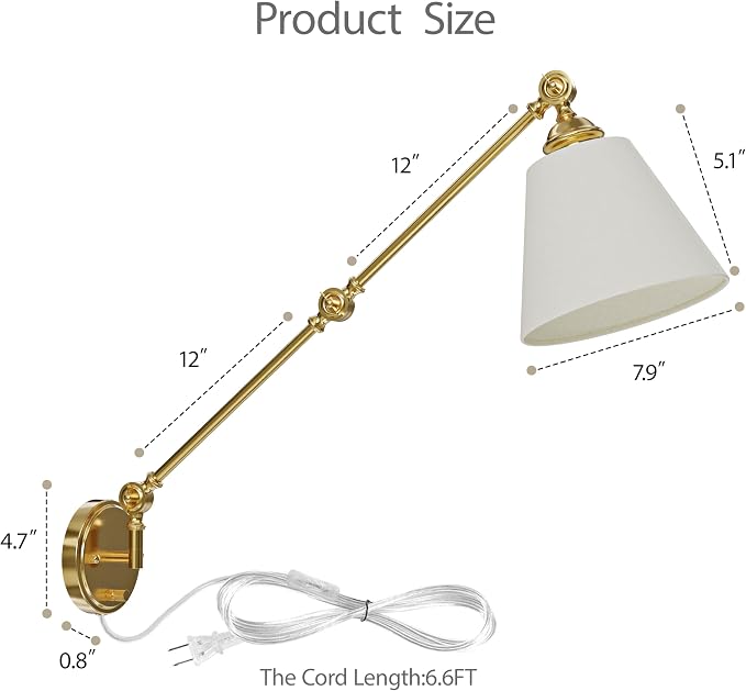 Plug in Wall Sconce, Gold Adjustable Swing Arm Wall Lamp, 1 Pack | Fabric Lampshade, Plug-in or Hardwired, E26 Base, 6.6FT Plug-in Cord, Knob Switch, Living room, bedroom, study room, office