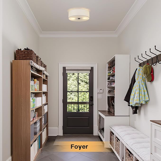 CALOKES Flush Mount Ceiling Light Fixture, 13" Close to Ceiling Light with White Fabric Linen Drum Shade, 2-Light Modern Round Ceiling Light for Bedroom Hallway Dining Kitchen