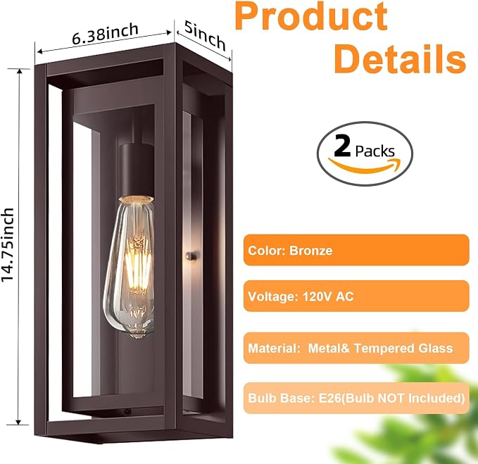15" Outdoor Wall Lights, Brown Exterior Lighting Fixtures, 2 Pack | Large Size, Anti-Rust, Waterproof, Tempered Glass, Easy Installation, Modern & Classic Outdoor Sconces for House Porch Garage