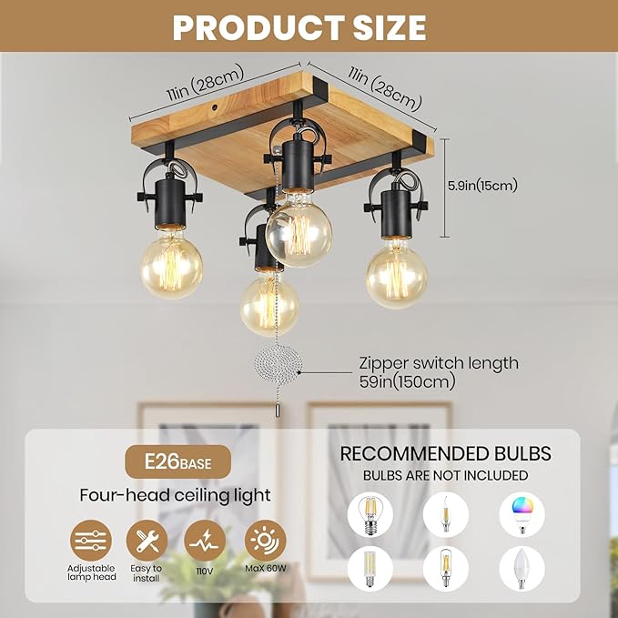 Farmhouse Flush Mount Ceiling Light with Pull Chain,4-Light Directional Ceiling Spotlight Rustic Track Light Kits, Wood Pull String Light Fixtures for Kitchen Bathroom Bedroom Hallway