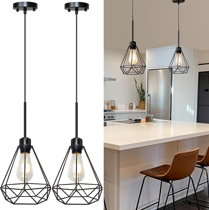 Maliralt Pendant Light Hanging Lights Fixture - Black Industrial Hanging Lamps with Metal Diamond Shade for Kitchen Island, Dining Room Over Table, Breakfast Corner, Farmhouse Home Decor - 2 Pack