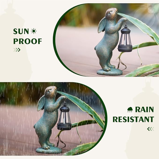 MININOVA Garden Statues Rabbit with Solar Lantern Resin Outdoor Bunny Figurines Decorations for Patio Yard Lawn Ornaments Gifts for Mother's Day Birthday Housewarming