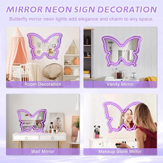 Butterfly Neon Sign Mirror, LED Neon Signs for Wall Decor, 15.7'' x 12'' Dimmable Neon Light for Teen Girls & Kids Birthday Party Gift, Neon Sign for Bedroom Decor, Wall Mirror, USB Powered (Purple)