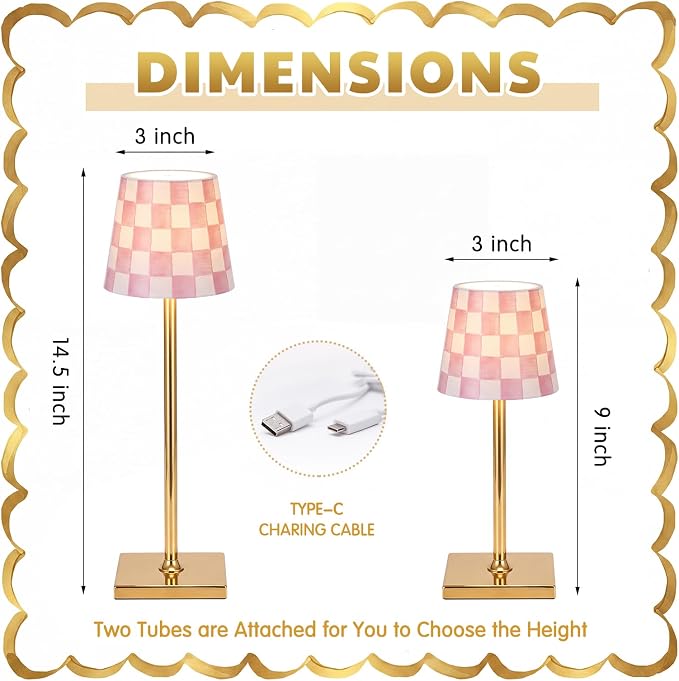 Pickmesh 1 Pack Pink Checkered Mahjong Cordless Lamp Scalloped Edge Mahjong Print LED Lamp 3 Color Dimmable Rechargeable Stylish Lamps for Mah Jong Table Living Room Nightstand Desk