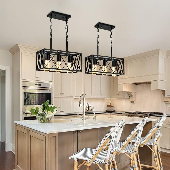 KEESFU Black 3-Light Farmhouse Chandelier, Dining Room Light Fixture | Farmhouse Dining Room Light Fixture with Adjustable Height, Kitchen Island Pendant for Dining Table & Over Sink, Living Room