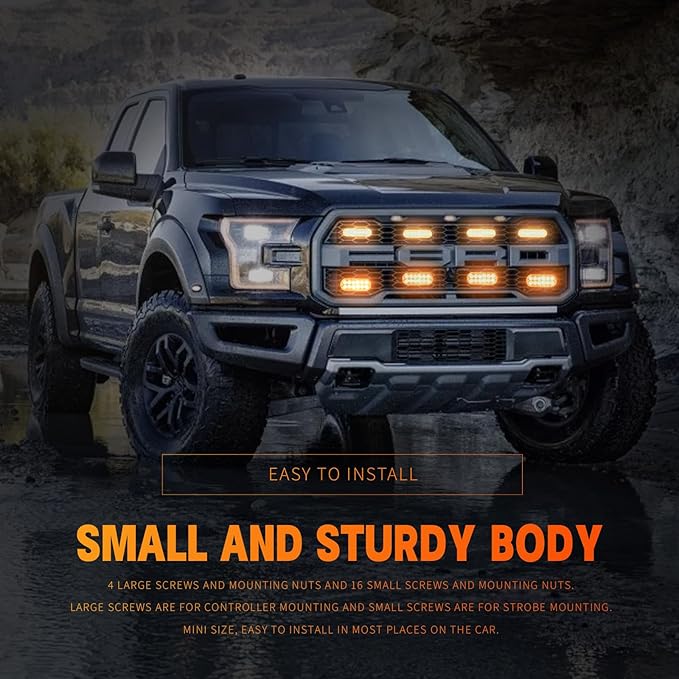 BooYu 8-pcs Amber Surface Mount LED Emergency Strobe Lights for Trucks, Vehicles, Sync Feature Ultra Slim Grille Flashing Warning Hazard Light Bar w/Controller for Construction, Firefighter