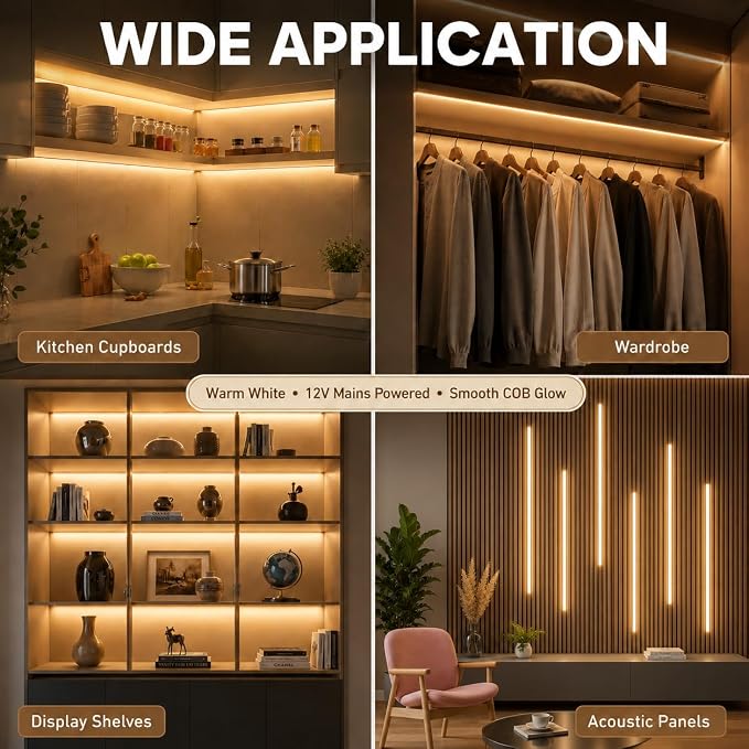 COB LED Strip Lights, 12V Cabinet Light 6Pcs 3.3FT, Warm Cuttable DIY LED Strip with Hide Touch and Hand Sweep Dimmer Switch Kit for Cabinet Showcase Kitchen Acoustic Panel Decoration Shelf Lighting