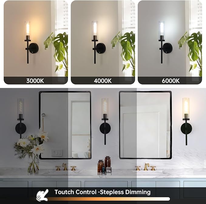 Shenmoyl Battery Operated Wall Sconces Set of 2, Black Rechargeable Wall Lighting Fixtures, Dimmable Wall Lights with Remote & Clear Glass Shade for Living Room, Bathroom,Bedroom
