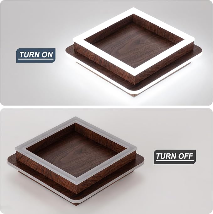 CANEOE Square Modern LED Light Fixture, 32W Flush Mount Hallway Light, 6000K Small Close to Ceiling Lamp for Living Room, Bedroom, Kitchen, Balcony, Cloakroom (Wood, 1 Pack)