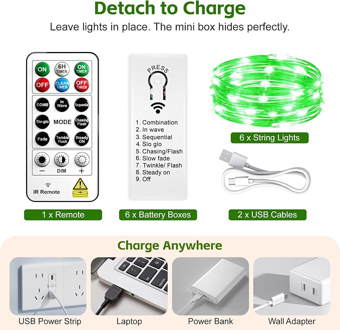 6 Pack Rechargeable Fairy Lights,7ft 20LEDs, Remote & DIY Timer | Dimmable Silver Wire, Mini Twinkle Lights, For Mason Jar, Indoor Christmas Bedroom Wedding Decor, Green