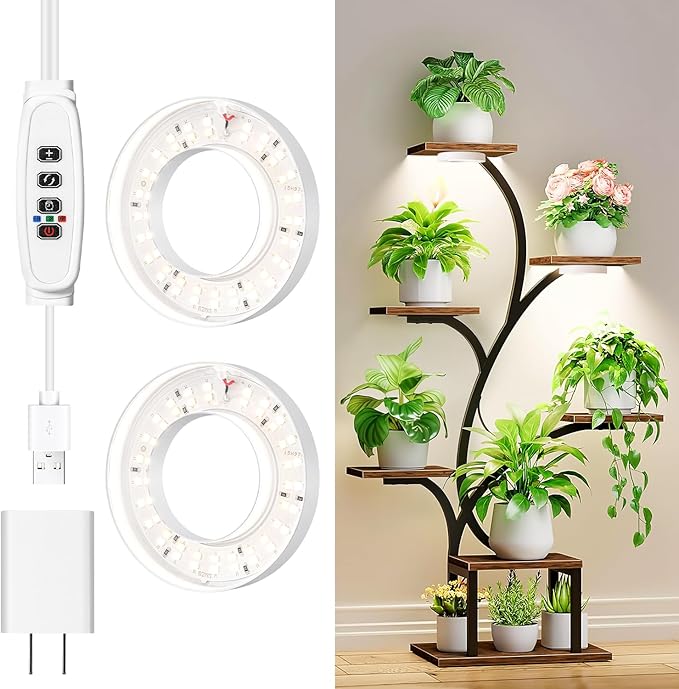3.54" Ceiling Grow Light for Indoor Plants, Warm&White Full Spectrum Plant Light, Growing Lamp with 6/12/16H Auto Timing, 10 Dimmable Brightness Levels for Small Plants,2Head