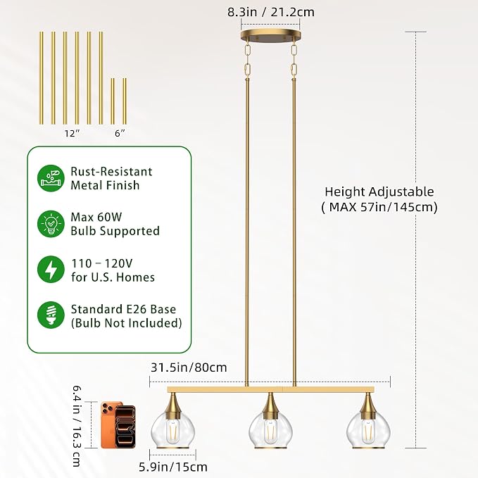 Kitchen Island Linear Pendant Light, 3-Light Gold Dining Room Chandelier with Clear Glass Globe Shades, Modern Linear Lighting Fixture Over Table