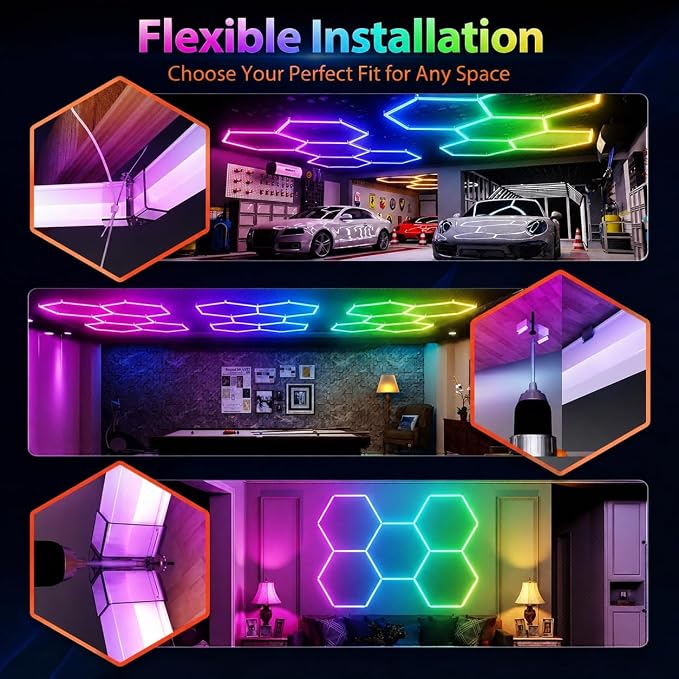 RGB Hexagon LED Garage Lights, 7 Hexagons 31 Tubes, App & Remote Control Color Changing Honeycomb Wall Ceiling Lights for Garage, Gaming Room, Gym, Car Detailing Shop