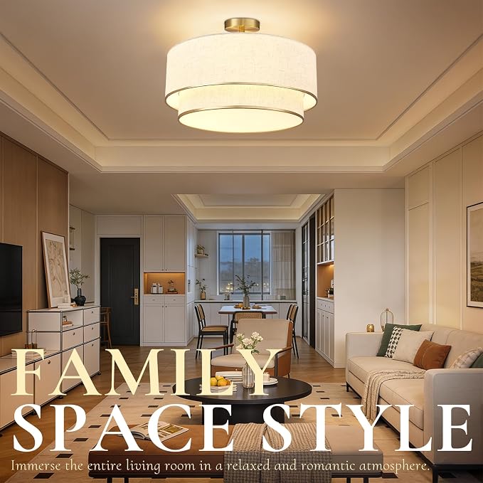 Hamilyeah 20 Inch Semi Flush Mount Ceiling Light, Dual Drum Fabric Shade Light Fixture with Gold Metal Trim, Modern Farmhouse Ceiling Light for Bedroom, Living Room, Dining Room, Hallway