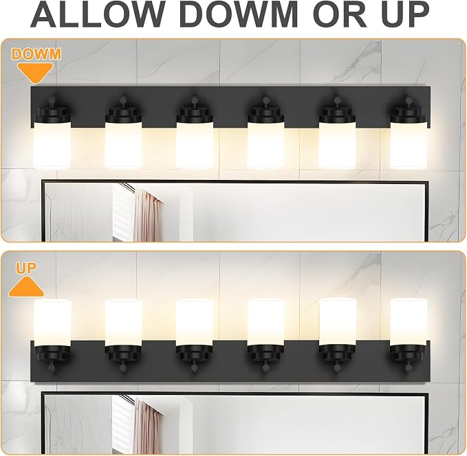 IZORRO Bathroom Vanity Light Fixture, 6-Light 46 Inch Matte Black Bathroom Light Fixtures Over Mirror, with White Glass Shade, Modern Farmhouse Vanity Lights, Rustic Restroom Lighting Fixtures
