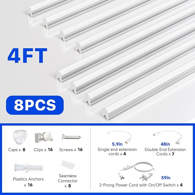 Ensenior 4FT LED Shop Lights, T5 6500K Super Bright Garage Lighting, 8 Pack | Integrated utility light Fixture, linkable plug & play for gym, ceiling, under cabinet, basement & warehouse, 2000LM 20W, FCC