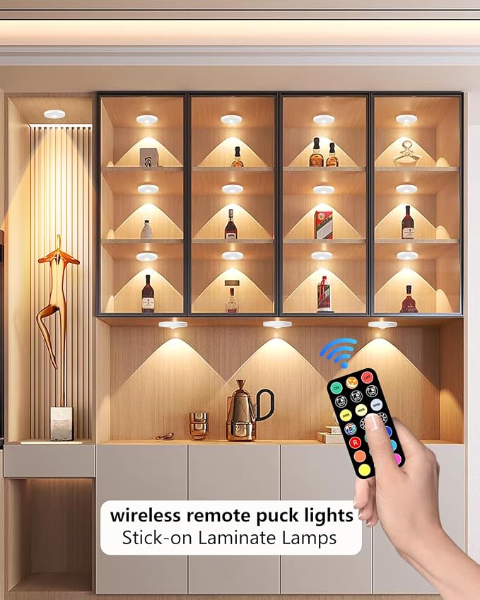 Puck Lights with Remote, 2000mAH Battery Operated, Rechargeable Shelf Light, Wireless,Color Changing Magnetic Light, Display Curio Cabinet,Bookcase,Under Cabinet Lighting (White, 3PACK)