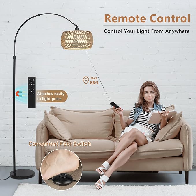 Arc Floor Lamps for Living Room with 3 Color Temperatures, Black Standing Lamp with Remote & Dimmable LED Bulb, Rattan Boho Floor Lamp, Farmhouse Tall Lamp for Bedroom, Over Couch Arched Reading Light