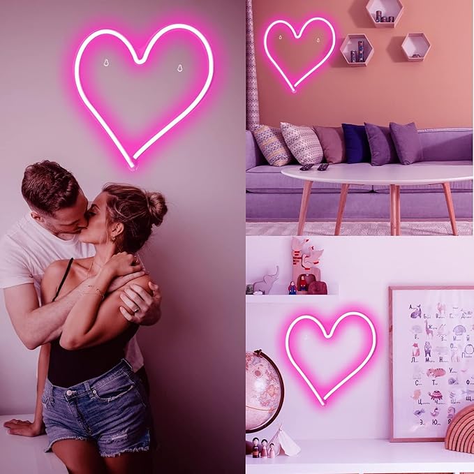 Pink Heart Neon Sign, Neon Heart Light for Wall Decor, Love Hearts LED Light up Sign 13.4×13 Inch Dimmable USB Powered Romantic Light Sign for Bedroom Valentine's Kids Room Wedding Party Decoration