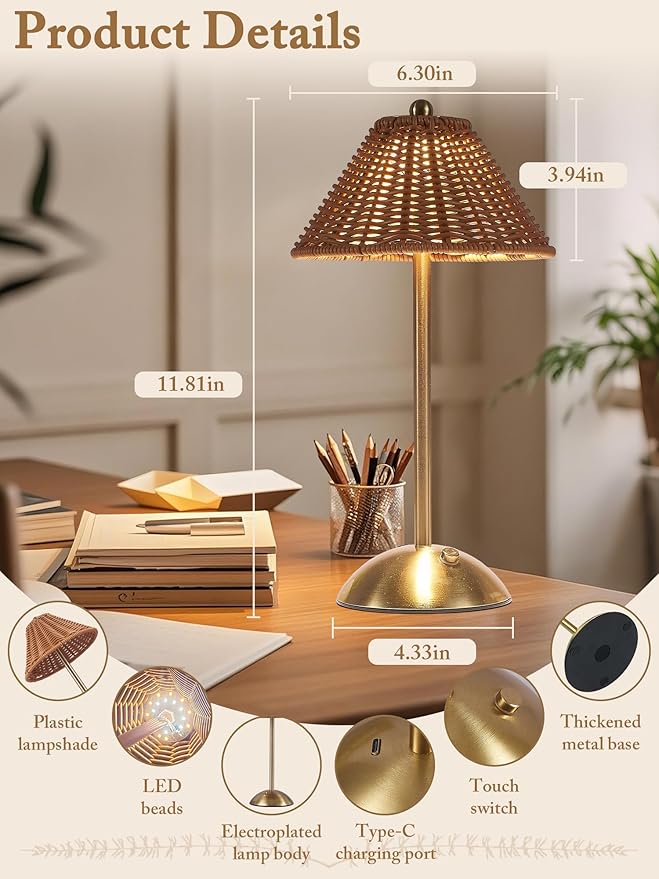 Boho Rattan Table Lamp,Wicker Night Light,LED Rechargeable Reading Lights,3 Color Touch Control Dimmable Bedside Lamps Living Room Bedroom Office Lighting Home Outdoor Decoration