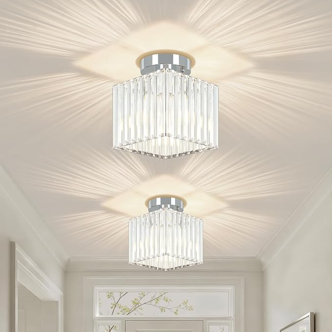 Modern Crystal Ceiling Light Fixture Chrome Hallway Entryway Light Fixtures | 2-Pack, 7.24 Inch, E26 Dimmable, Bathroom Bedroom Ceiling Light, Kitchen Dining Room Laundry Close to Ceiling Light Fixtures