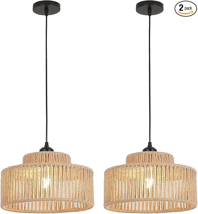 Rattan Pendant Light Set of Two,12.6 Inch Boho Kitchen Island light Fixtures,Handmade Woven Hanging Lamp,Wicker Small Chandelier,Coastal Hanging Lights for Bedroom Kitchen Restaurant Hallway Foyer