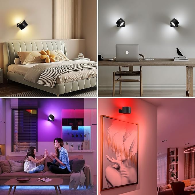 Lightess Battery Operated Wall Sconce Black, Remote Control, Set of 2 | 5000mAh Rechargeable, 19 Colors Dimmable, Stick on Wall Lights for Hallway, Bedroom, Living Room