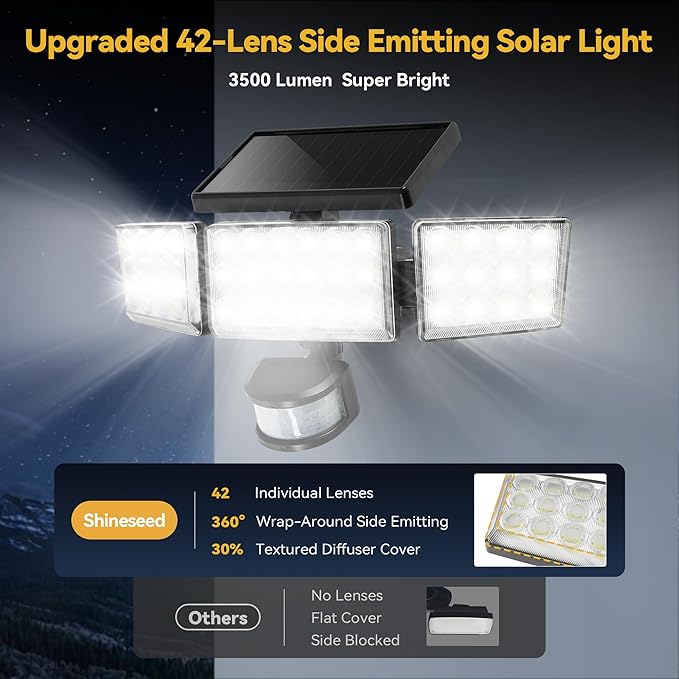 Solar Lights Outdoor, 3500LM 168 LED Motion Sensor Solar Flood Lights, 3 Heads 300° Wide Angle, 3 Modes IP65 Waterproof Solar Security Lights for Yard Garden Patio, 1 Pack (Black)