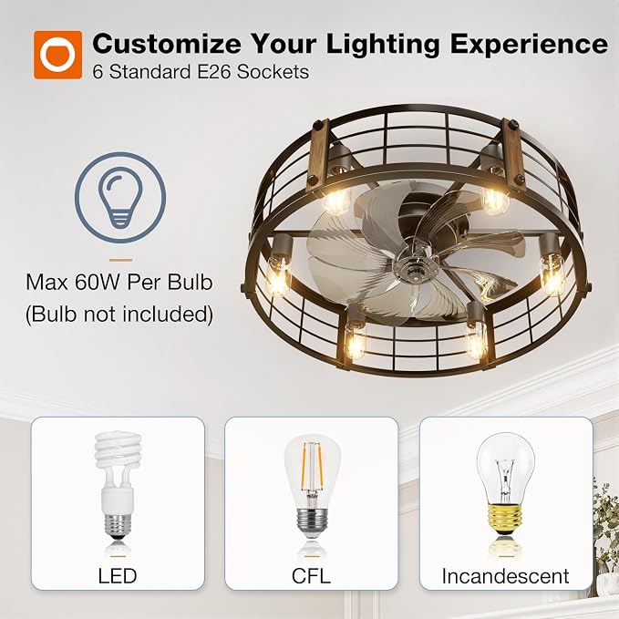 addlon 24" Caged Ceiling Fans with Lights and Remote, Low Profile Fandelier | Wider Airflow, 1/2/4/8H Timer, 6 Speeds, Reversible DC Motor, 6 E26 Sockets, Farmhouse Style, Quiet Operation