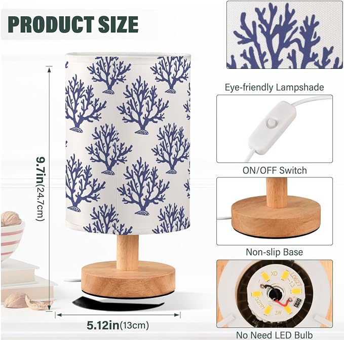 Fustylead Navy Blue Coral Table Lamp for Bedroom USB Port Lamps Small Accent Table Lamp Nightstand Lamp Study Linen Shade with Wooden Base, Decorative Lamps for Bedside Reading|Kids|Dorm|Home