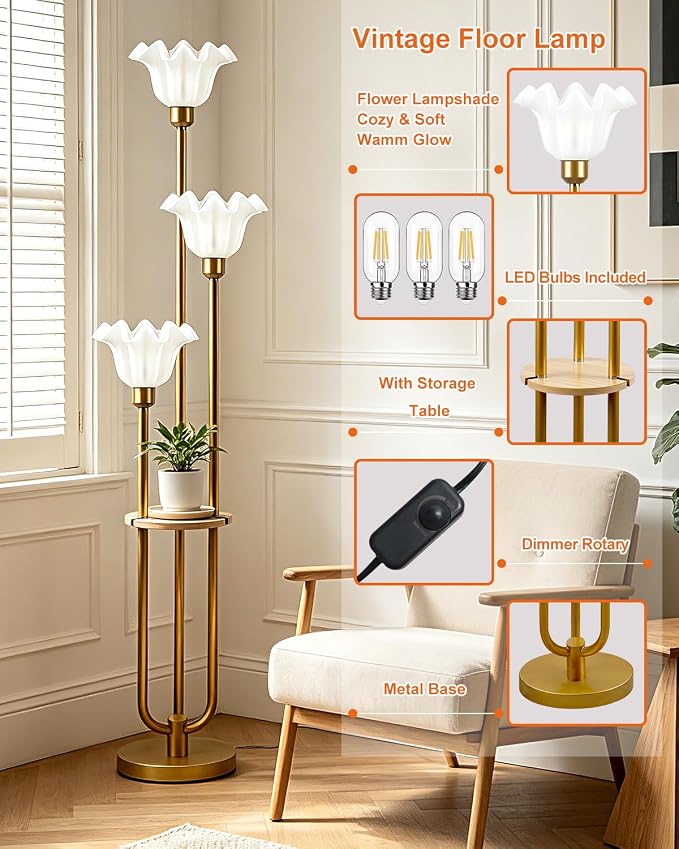 Lightdot Flower Floor Lamp for Living Room Dimmable Vintage Floor Lamp with Shelf& Bulbs Included Mid Century Gold Floral Standing Tall Lamp with 5Lbs Heavy Base for Bedroom/Sofa Beside/Corner Decor