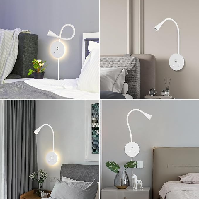 Dimmable LED Wall Reading Lamp - Adjustable Gooseneck Book Light for Bed, USB + Type C Output, 2-in-1 Night Light & Spotlight, Compact Focused Lamp (White)