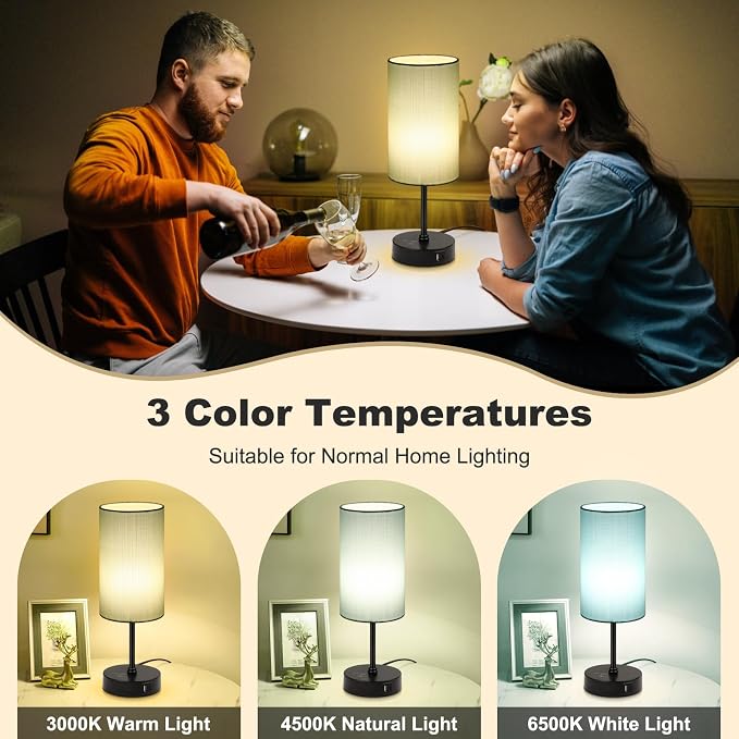 Table Lamp for Bedroom, 3 Color Temperatures, 7 RGB Colors, Adjustable Brightness, Dual USB Charging Ports, Ambience Nightstand Light with Blue Shade, Desk Lamp for Kids Reading Home Office